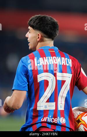 BARCELLONA - GEN 29: Ilias Akhomach in azione durante la partita Primera RFEF tra il FC Barcelona B e il Real Madrid Castilla allo stadio Johan Cruyff Foto Stock