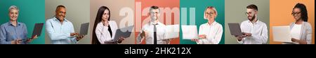Set di uomini d'affari diversi con computer portatili in posa su colorati sfondi di studio pastello, collage, panorama Foto Stock