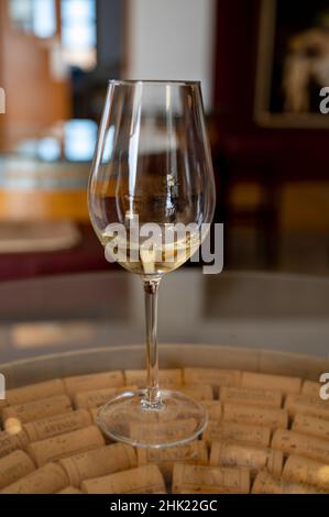 Industria del vino dell'isola di Cipro, degustazione di vino bianco secco su vecchia cantina situata sulle pendici sud della catena montuosa di Troodos. Foto Stock