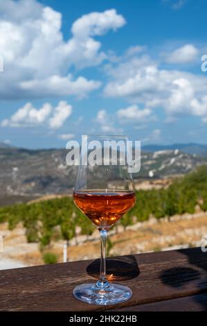 Industria del vino dell'isola di Cipro, degustazione di vino secco di rose in cantina con vista sui vigneti e le pendici meridionali della catena montuosa di Troodos in giornata di sole Foto Stock