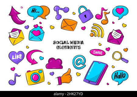 Collezioni di elementi dei social media con coloratissimo stile disegnato a mano Illustrazione Vettoriale