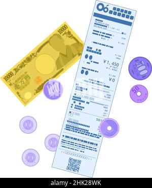 Ciò è un'illustrazione delle fatture giapponesi dello yen e delle monete giapponesi dello yen e della ricevuta di acquisto Illustrazione Vettoriale