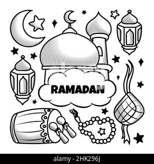 Ramadan kareem con lo stile a forma di barbatella in linea disegnata a mano Illustrazione Vettoriale