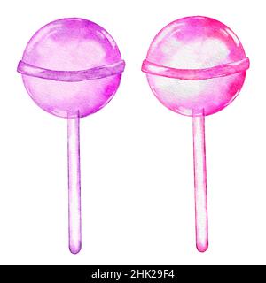 Acquerello disegno a mano isolato illustrazione di rosa viola caramella, pastello caramelle dolci dessert. Cibo per feste luminose, elementi per il compleanno doccia del bambino decor. Fai roteare il lollipop di zucchero bonbon duro in pallina Foto Stock