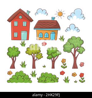 Casa disegnata a mano, alberi, e set di elementi di erba Illustrazione Vettoriale