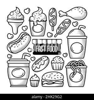 Collezioni fast food elementi di doodle disegnati a mano Illustrazione Vettoriale