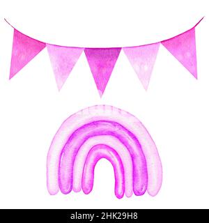 Acquerello disegno a mano di rosa viola fuchsia bandiere di compleanno sulla corda, arredamento di partito per la ragazza dei capretti. Arcobaleno bohémien in colori pastello morbidi, auguri di auguri di compleanno inviti Foto Stock