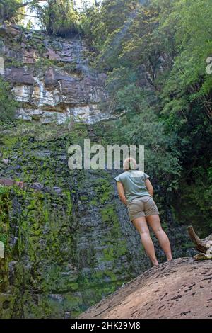 Donna alle Adamsons Falls Foto Stock