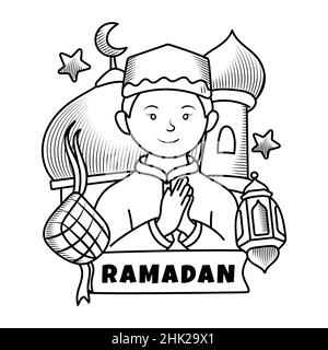 Uomo musulmano saluto eid al-fitr Doodle illustrazione Illustrazione Vettoriale