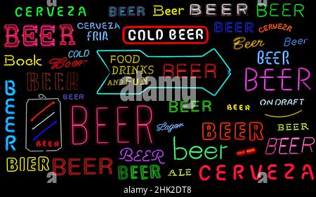 Collezione di insegne Vintage Neon Beer su Black Foto Stock