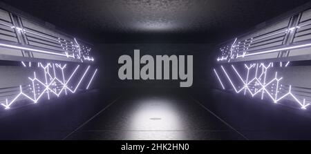 Sala industriale con podium extraterrestre scena all'avanguardia illuminazione futuristica con colori argento concetto a piedistallo 3D Render Foto Stock