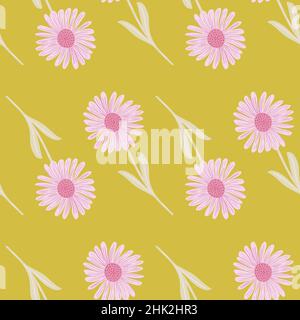 Scrapbook botanica senza cuciture con elementi rosa crisantemo. Sfondo giallo. Sfondo primavera floreale. Illustrazione di scorta. Disegno vettoriale per Illustrazione Vettoriale