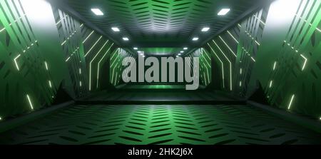 Alien Scene Concept Art Alien Hangar Tunnel futuristico Hallway Cyberpunk Glow avanzato con Cadet Blue Colors 3D rendering Foto Stock