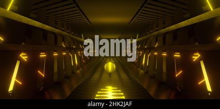 Corridoio metallico fantascientificato e sfondo tunnel hangar color oro lucido con luce spot, rendering 3D. Foto Stock