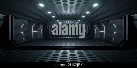 Spazio Spooky urbano abbandonato magazzino astronave pavimento in nero e bianco metallico sfondo 3D Illustrazione Foto Stock