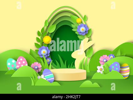 Pasqua prodotto display podio mockup, carta tagliata coniglietto, uova, primavera vacanza sfondo, illustrazione vettoriale. Illustrazione Vettoriale