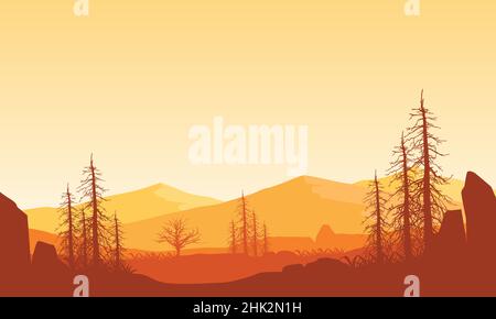 Panorama di montagne con fantastiche silhouette di alberi asciutti di campagna al giorno.Vector illustrazione di una città Illustrazione Vettoriale