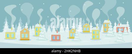 Sfondo paesaggio invernale. Case nella neve Illustrazione Vettoriale
