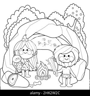 Famiglia di cavemen in grotta di pietra. Pagina da colorare in bianco e nero Foto Stock