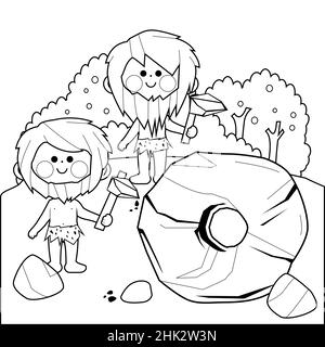 Illustrazione di due cavemen che intagliano una pietra grande e che creano una ruota. Pagina da colorare in bianco e nero Foto Stock