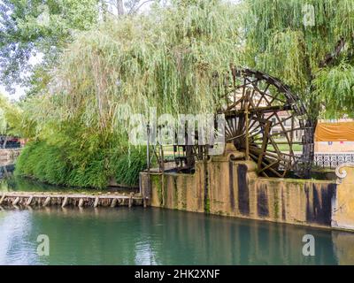Portogallo, Tomar. Ruota d'acqua in legno sul fiume Nabao e il Mouchao Park a Tomar. Foto Stock