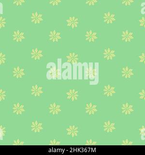 Primavera cute senza cuciture modello con piccolo giallo semplice garofano fiori stampa. Sfondo verde chiaro. Illustrazione di scorta. Disegno vettoriale per tessuti, Illustrazione Vettoriale