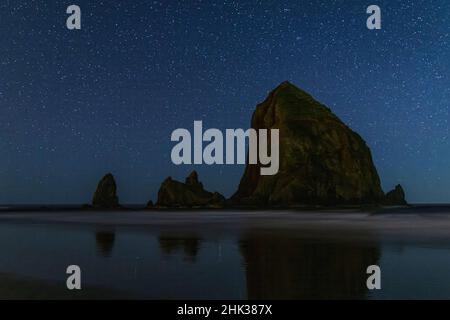 Cieli stellati sopra Haystack Rock a Cannon Beach, Oregon, USA Foto Stock