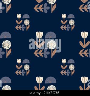Disegno a mano senza cuciture con fiori di doodle, arcobaleno e foglie stampa. Sfondo blu scuro. Stampa vettoriale piatta per tessuti, tessuti, giftwrap, pareti Illustrazione Vettoriale