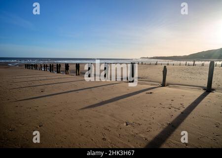 Vecchi groynes o frangiflutti consumati sulla spiaggia di Sandsend al mattino presto, North Yorkshire Foto Stock