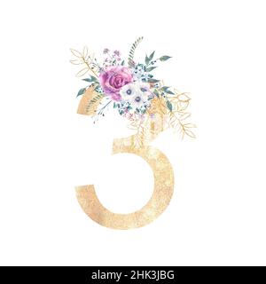 Design di un numero d'oro 3 con mazzi di fiori di rose viola, anemoni, ecc decor. Illustrazione dell'acquerello su sfondo bianco. Matrimonio e. Foto Stock