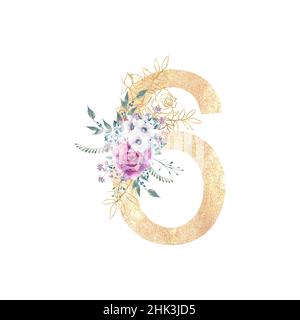 Design di un numero d'oro 6 con mazzi di fiori di rose viola, anemoni, ecc decor. Illustrazione dell'acquerello su sfondo bianco. Matrimonio e. Foto Stock