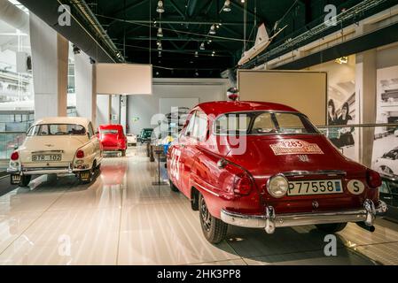 Svezia, Vastragotland, Trollhattan, Saab Car Museum, Saab 96 Monte Carlo Rallye Auto Foto Stock