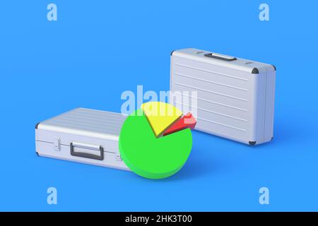 Grafico a torta vicino alle valigie metalliche. Analisi del sistema bancario. Calcoli di marketing. Risultati dell'ispezione finanziaria, audit. Attività commerciale re Foto Stock