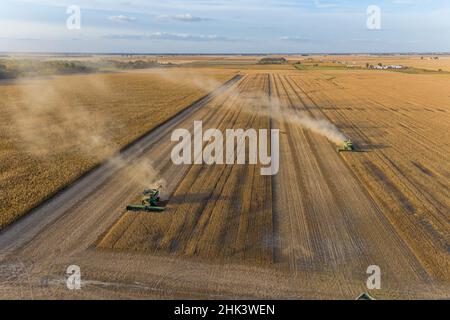 Vista aerea delle mietitrebbie che raccolgono soia al tramonto, Marion County, Illinois Foto Stock