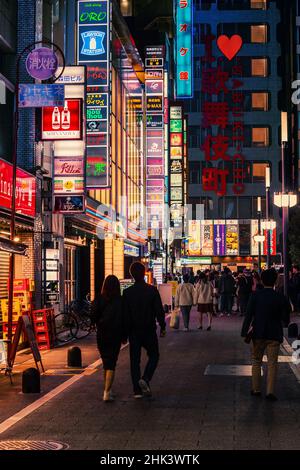 Cartelloni e cartelli al neon nel quartiere Kabuki-cho di Shinjuku, noto anche come Città senza letto a Tokyo, Giappone Foto Stock