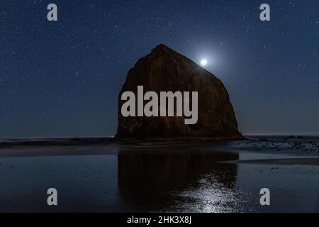 Cieli stellati sopra Haystack Rock a Cannon Beach, Oregon, USA Foto Stock