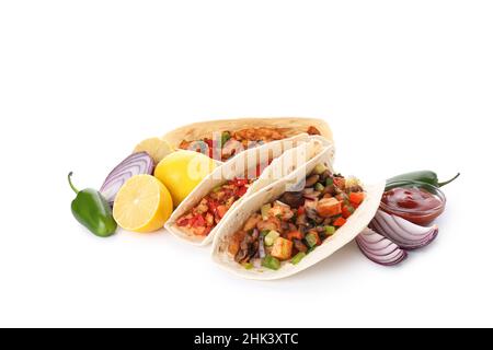 Concetto di cibo gustoso con taco isolato su sfondo bianco Foto Stock