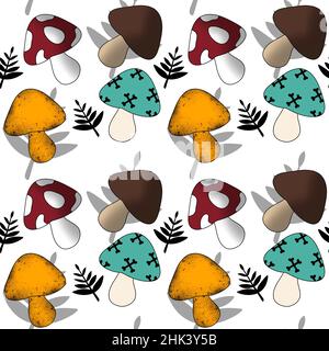 Motivo senza cuciture con funghi su sfondo bianco per carta da parati, tessuti e tessuti Foto Stock