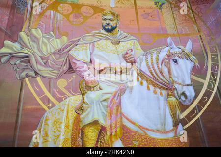 Il grande leader Amir Timur su un cavallo bianco. Parte di un grande murale raffigurante gli eroi dell'era di Silk Road, i leader. Presso il Museo di Storia Statale di Tashken Foto Stock