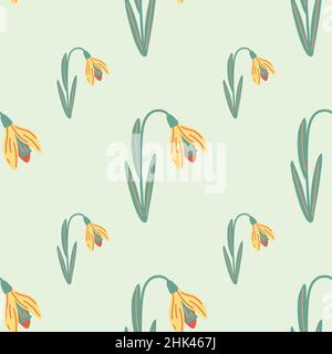 Giallo galanthus fiore senza cuciture modello di scarabocchio in stile disegnato a mano. Sfondo pastello chiaro. Stile semplice. Illustrazione vettoriale per tessuti stagionali p Illustrazione Vettoriale