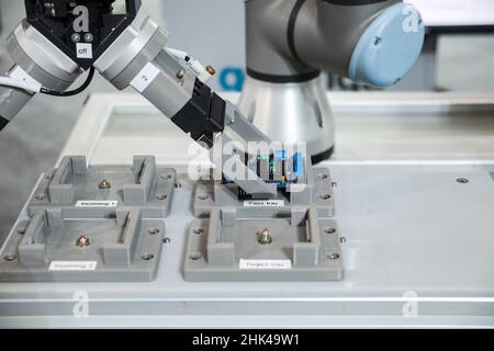 Robot di presa industriale close-up che lavora con scheda a circuito elettronico posto su vassoio di passaggio dal sistema di automazione tramite programma di lavoro di impostazione, industria 4,0 Foto Stock