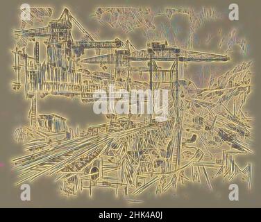 Ispirato alle mura di Miraflores Lock, Joseph Pennell, americano, 1860-1926, litografia, 1912, composizione: 16 3/4 x 20 7/8 pollici, 42,5 x 53 cm, ponte, America centrale, ingegneria civile, commercio, Costruzione, gru, giungla, America Latina, Panama, Canale di Panama, binari ferroviari, binari, reinventati da Artotop. L'arte classica reinventata con un tocco moderno. Design di calda e allegra luminosità e di raggi di luce. La fotografia si ispira al surrealismo e al futurismo, abbracciando l'energia dinamica della tecnologia moderna, del movimento, della velocità e rivoluzionando la cultura Foto Stock