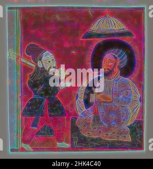 Ispirato da frammento di una pagina di una serie Markandeya Purana, indiano, acquerello opaco e oro su carta, ca. 1625, foglio: 4 7/8 x 4 11/16 pollici, 12,4 x 11,9 cm, oro, Markandeya Purana, borsa Messenger, carta, Rajasthan, Righello, rotolo, Tilak, acquerello, Reinventato da Artotop. L'arte classica reinventata con un tocco moderno. Design di calda e allegra luminosità e di raggi di luce. La fotografia si ispira al surrealismo e al futurismo, abbracciando l'energia dinamica della tecnologia moderna, del movimento, della velocità e rivoluzionando la cultura Foto Stock