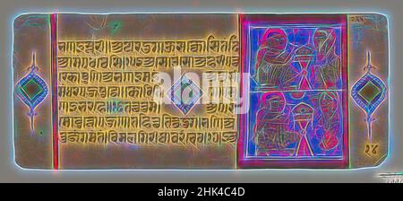 Ispirato da Kalaka con Shakra travestito e rivelato, foglia da un disperso manoscritto Jain del Kalakacharya-katha, indiano, acquerello opaco e oro su carta, Gujarat, India, ca. 15th secolo, foglio: 4 1/4 x 10 1/4 pollici, 10,8 x 26,0 cm, 15th secolo, script Devanagari, Oro, Indiano, Ink, Jain, Reimagined by Artotop. L'arte classica reinventata con un tocco moderno. Design di calda e allegra luminosità e di raggi di luce. La fotografia si ispira al surrealismo e al futurismo, abbracciando l'energia dinamica della tecnologia moderna, del movimento, della velocità e rivoluzionando la cultura Foto Stock