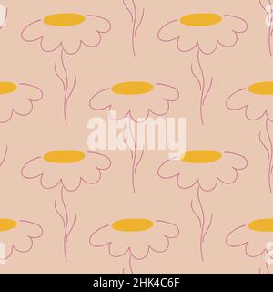 Contorno giallo fiori camomilla motivo senza cuciture in stile floreale. Sfondo rosa pallido. Sfondo astratto della natura. Perfetto per il design in tessuto e tessuto Illustrazione Vettoriale