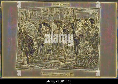 Ispirato Da una serata parigina nel mese di giugno 1853, une soirée parisienne au mois de juin 1853, le Charivari, la Fluidomanie, Giochi fantasma, piatto 8, Honoré Daumier, francese, 1808-1879, litografia su carta da giornale, Francia, 7 giugno 1853, immagine: 7 5/8 x 10 1/4 pollici, 19,4 x 26 cm, reinventata da Artotop. L'arte classica reinventata con un tocco moderno. Design di calda e allegra luminosità e di raggi di luce. La fotografia si ispira al surrealismo e al futurismo, abbracciando l'energia dinamica della tecnologia moderna, del movimento, della velocità e rivoluzionando la cultura Foto Stock