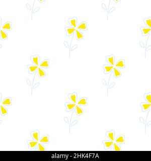Motivi floreali minimalistici senza cuciture con elementi in trifoglio gialli a quattro foglie. Sfondo bianco isolato. Illustrazione vettoriale per stampe tessili stagionali, Illustrazione Vettoriale