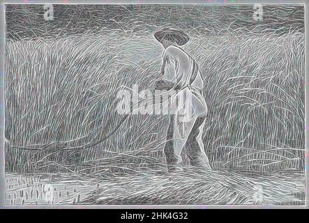 Ispirato dal Veteran in a New Field, Winslow Homer, americano, 1836-1910, incisione del legno, 1867, 4 3/16 x 6 1/4 pollici, 10,6 x 15,9 cm, agricoltura, americana, disegno, azienda agricola, Contadino, contadino, fieldhand, havest, Isaia 2:4, lavoro, paesaggio, pastorale, raccogliere, rurale, Scythe, spade in plowshare, tools, Reimagined by Artotop. L'arte classica reinventata con un tocco moderno. Design di calda e allegra luminosità e di raggi di luce. La fotografia si ispira al surrealismo e al futurismo, abbracciando l'energia dinamica della tecnologia moderna, del movimento, della velocità e rivoluzionando la cultura Foto Stock