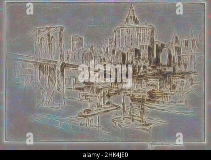 Ispirato da edificio municipale, Joseph Pennell, americano, 1860-1926, etching, 1921, piatto: 6 15/16 x 9 15/16 pollici, 17,6 x 25,2 cm, barche, ponte, marino, reinventato da Artotop. L'arte classica reinventata con un tocco moderno. Design di calda e allegra luminosità e di raggi di luce. La fotografia si ispira al surrealismo e al futurismo, abbracciando l'energia dinamica della tecnologia moderna, del movimento, della velocità e rivoluzionando la cultura Foto Stock