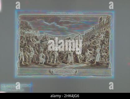Ispirato all'Idle 'Prentice eseguito a Tyburn, William Hogarth, britannico, 1697-1764, incisione su carta stampata, 1747, 10 11/16 x 15 7/8 pollici, 27,1 x 40,3 cm, reinventato da Artotop. L'arte classica reinventata con un tocco moderno. Design di calda e allegra luminosità e di raggi di luce. La fotografia si ispira al surrealismo e al futurismo, abbracciando l'energia dinamica della tecnologia moderna, del movimento, della velocità e rivoluzionando la cultura Foto Stock